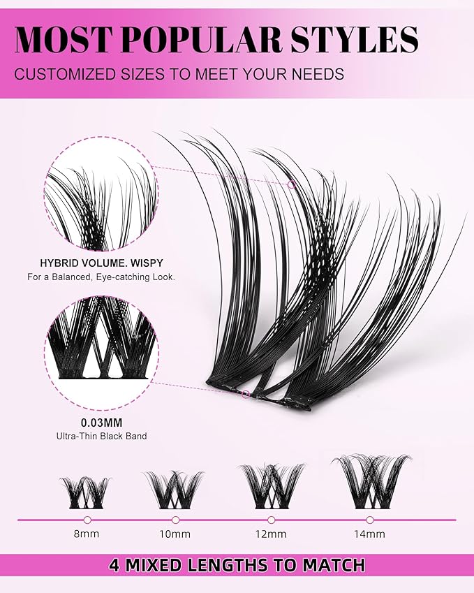 Flora Lash Clusters Kit Short 8-14mm Wispy Eyelashes Cluster Extension Kit D Curl Individual DIY False Lash Extension Spiky Cat Eye Lashes Fake Eyelashes Clusters with 0.03mm Ultra-Thin Wide Band