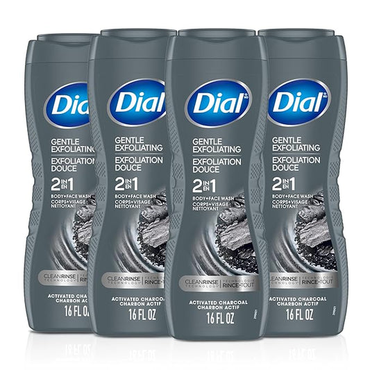 Dial Men 2 in 1 Body and Face Wash, Activated Charcoal, 16 Fl Oz, Pack of 4, Gentle Exfoliating Body Wash with Clean Rinse Technology