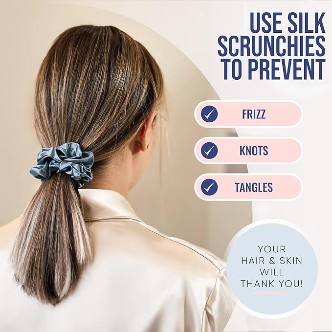 Blissy Silk Scrunchies (3 Pack) - 100% Pure Mulberry Silk - 22 Momme 6A High-Grade Fibers Scrunchie for Straight & Curly Hair - Preventing Breakage, Tangling, & Creasing (Ash Blue Regular)