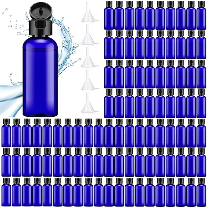 Eccliy 100 Pack 2 oz Plastic Bottles Travel Lotion Bottle Squeeze Container Plastic Bottles with Caps Small Travel Empty Refillable Toiletry Containers for Liquid Lotion Creams with 5 Funnels(Blue)