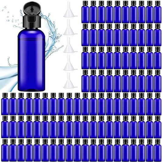 Eccliy 100 Pack 2 oz Plastic Bottles Travel Lotion Bottle Squeeze Container Plastic Bottles with Caps Small Travel Empty Refillable Toiletry Containers for Liquid Lotion Creams with 5 Funnels(Blue)