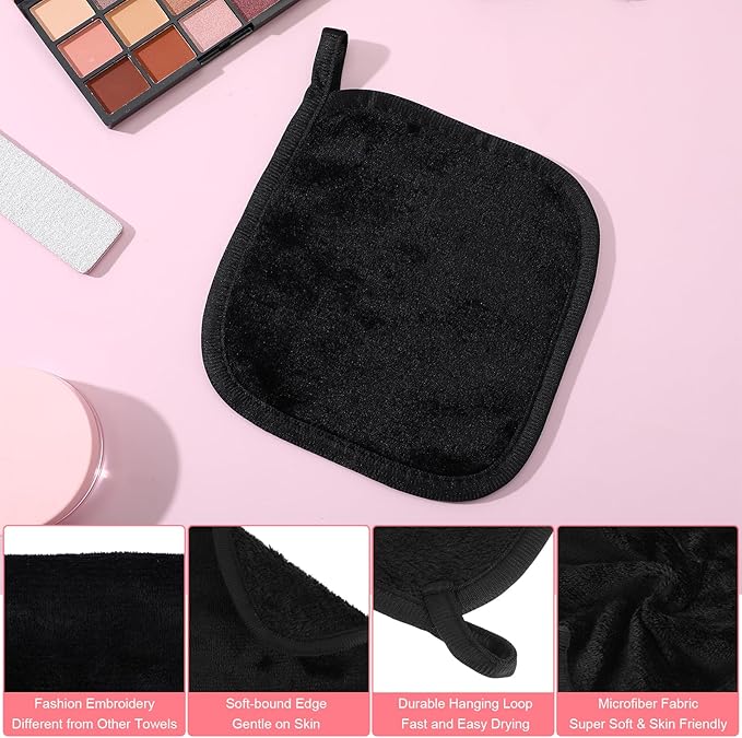zisiueel 50 Pcs Makeup Remover Cloths Reusable Washable Remover Pads Soft Microfiber Washcloths Facial Cloths Makeup Towels for Women, 5 x 5 Inch(Black) ﻿