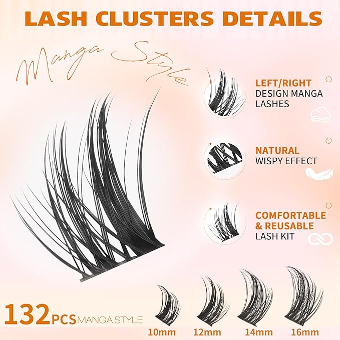 EYDEVRO Manga Lash Clusters Kit Natural Wispy Eyelash Clusters Kit Anime Spiky Cluster Eyelash Extensions 144 Pcs CD Curvature Cluster Lashes Individual Eyelashes 10-16mm DIY Lash Extension Kit