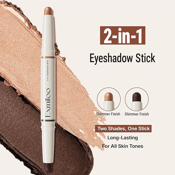 exmiloo Cream Eyeshadow Stick - 2-in-1 Dual-Ended Shimmer Eye Shadow Stick - Silky Smooth, Waterproof, Crease-Proof, Long-Lasting Eyeshadow for Women Girls (Bronze Glow)