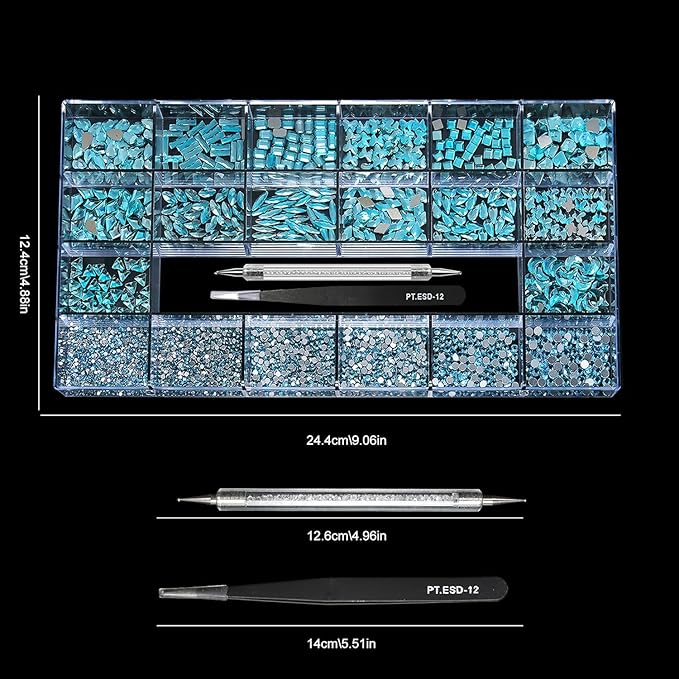 Yzzseven 14 Types of 700 Lake Blue Diamonds + 2100 Flat Rhinestones Mix 20 Styles Flatback DIY Crafts Rhinestone Crystals 3D Ornament‌s Flat Back Stones Set + Tweezers + Drill Pen