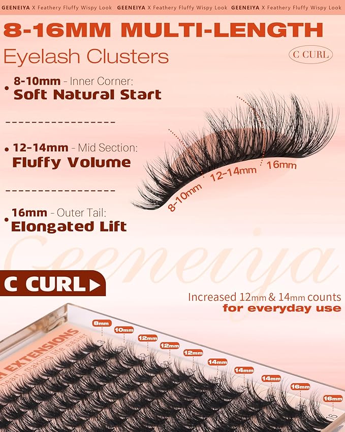Geeneiya Fluffy Lash Clusters Wispy Eyelash Clusters, 8-16mm Natural Lashes Clusters, C Curl Cluster Eyelash Extensions, Natural Look Lash Extension for Beginners