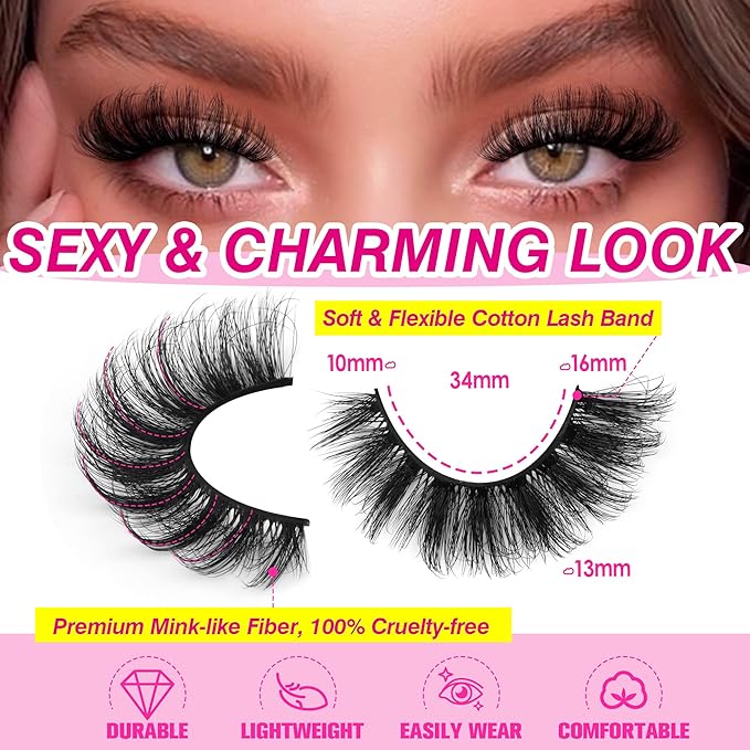 Yawamica False Lashes Wispy 16mm Mink Lashes Pack 12 Pairs 5D Fluttery Volume Fake Eyelashes Cat Eye Natural Look