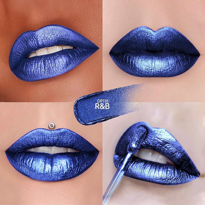 Depuplum Blue Lipsticks for Women Metallic Lipstick Long Lasting Non Stick Cup Lip Gloss, Shimmer Lightweight Hydrating Full Coverage Lip Color, DP118 R&B
