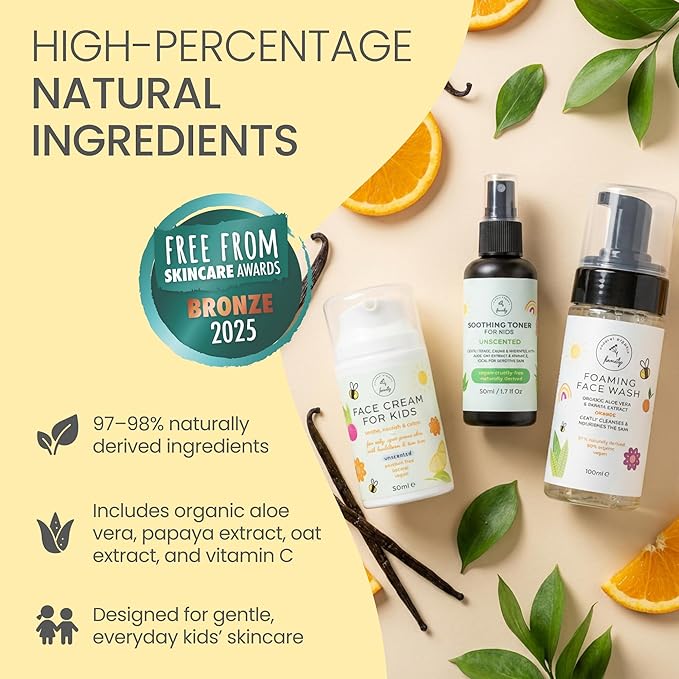 Skincare Set for Kids - Gentle Facial Wash, Hydrating Toner and Cream - Natural Skin Care for Boys and Girls with Aloe Vera and Rose Water - Vegan, Paraben-Free - Award-Winning - Ages 6-12