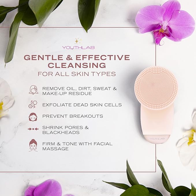 SoniGlow Silicone Facial Cleansing Brush – Electric Vibrating Skincare Scrubber Tool for Deep Pore Cleansing, Gentle Massage, Makeup Removal, Waterproof and Rechargeable (Pink)