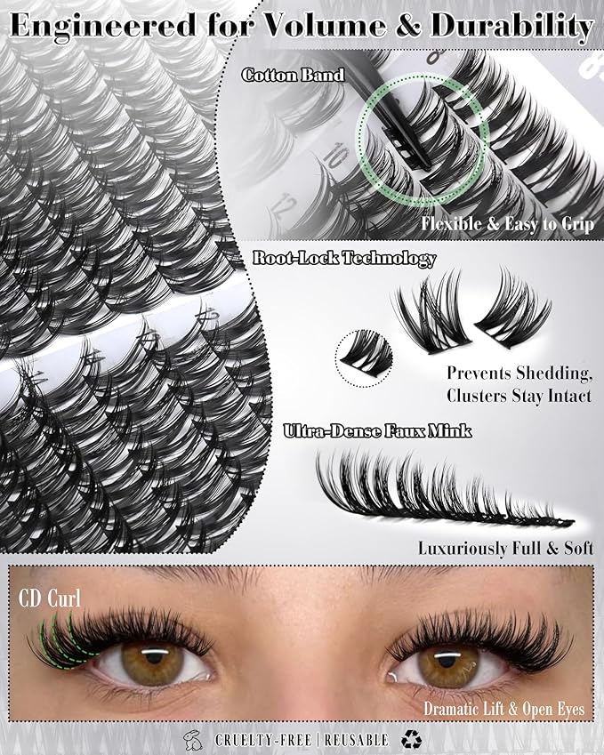 Flaunt Lash Clusters Kit Wispy Cluster Eyelash Extensions 8-18MM Volume Individual Lashes CD Curve Wet Look Eyelash Clusters with Lash Bond and Seal Kit by Mavphnee