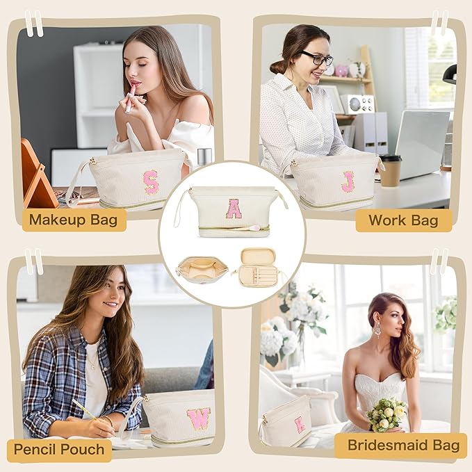 Makeup Bag for Girls Gift, Personalized Christmas Gifts Initial Women Makeup Bag for Travel, Double Layer Cosmetic Bag with Brush Organizer Preppy Make up Bag for Teen Girl Trendy - L