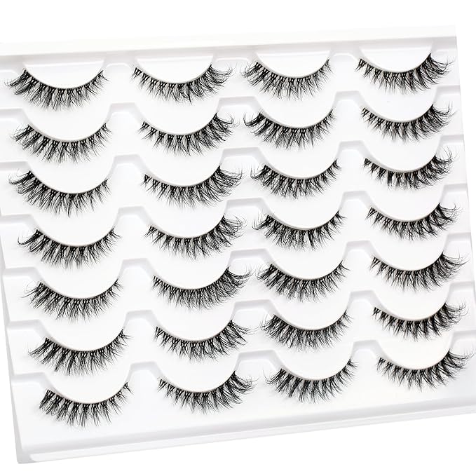 Pooplunch False Eyelashes Wispy Cat Eye Look Natural Volume Clear Band Foxy Short Accent Lashes Faux Mink Fake Lashes Strips 14 Pairs Pack