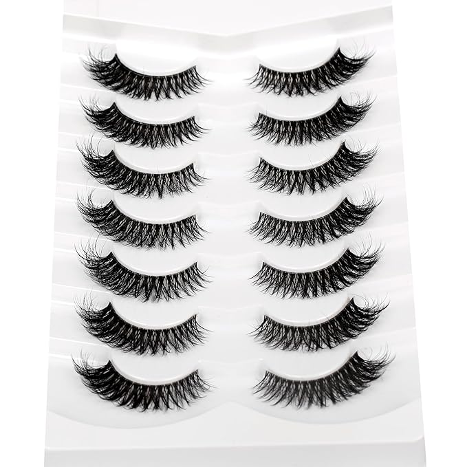 Pooplunch False Eyelashes Cat Eye Look Natural Volume Short Wispy Lash 8D Faux Mink Fake Eyelash Strips Lashes 7 Pairs Pack