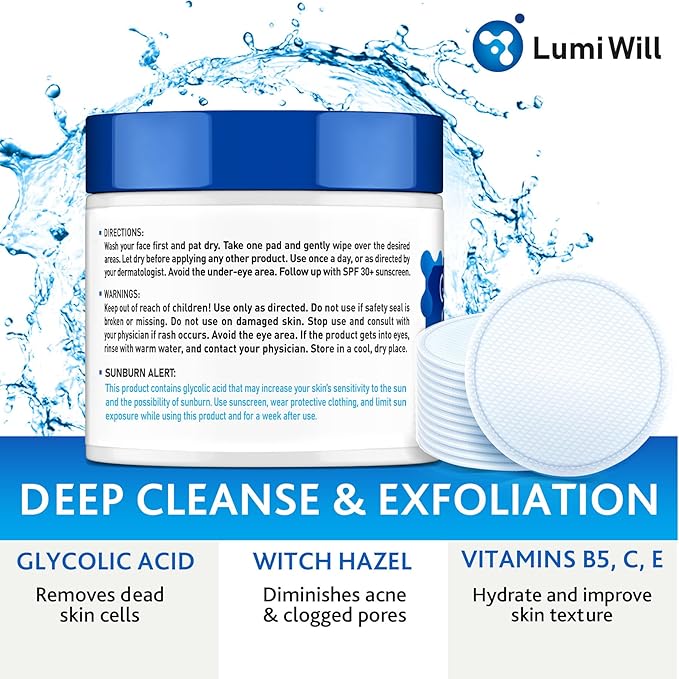 Glycolic Acid Exfoliating Peel Pads with Vitamins B5 C E and Menthol for Acne, Uneven Tone, Fine Lines, Wrinkles, Anti Aging Facial Resurfacing Skin Treatment - 50 Pre-Soaked Pads
