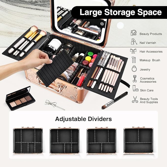 Makeup Case with Magnetic Lighted Mirror Cosmetic Train Box Detachable LED Mirror Adjustable Brightness in 3 Colors Waterproof Storage Organizer Artist Suitcase with Dividers Brush Holder, Rose Gold