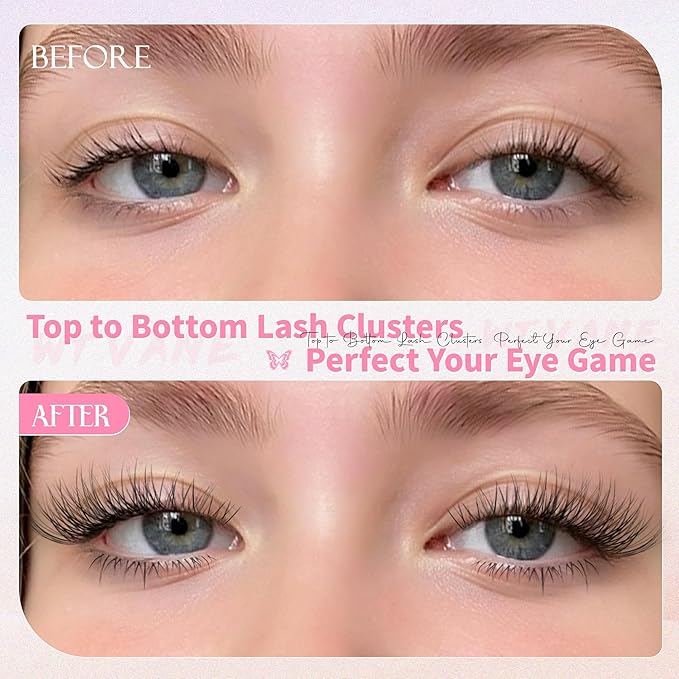 Wtvane Lash Clusters Kit Natural Cluster Eyelash Extensions Kit DIY Lash Extensions with 5-6mm Bottom Lashes 8-16mm Wispy Individual Lashes Invisible Band Lashes Venus False Eyelashes Clusters Kit