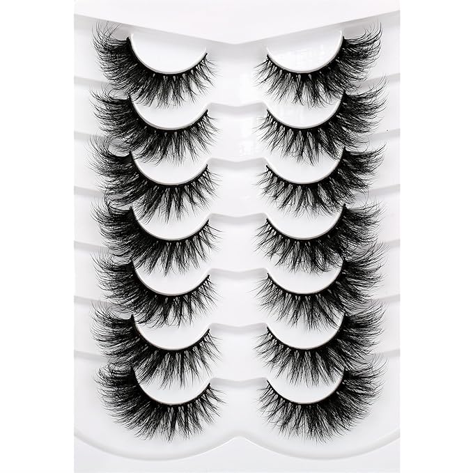Pooplunch False Eyelashes Volume Cat Eye Lashes Winged Look 8D Dramatic 18MM Wispy Natural Crossed Fake Eyelashes Faux Mink Lashes Strips 7 Pairs Pack