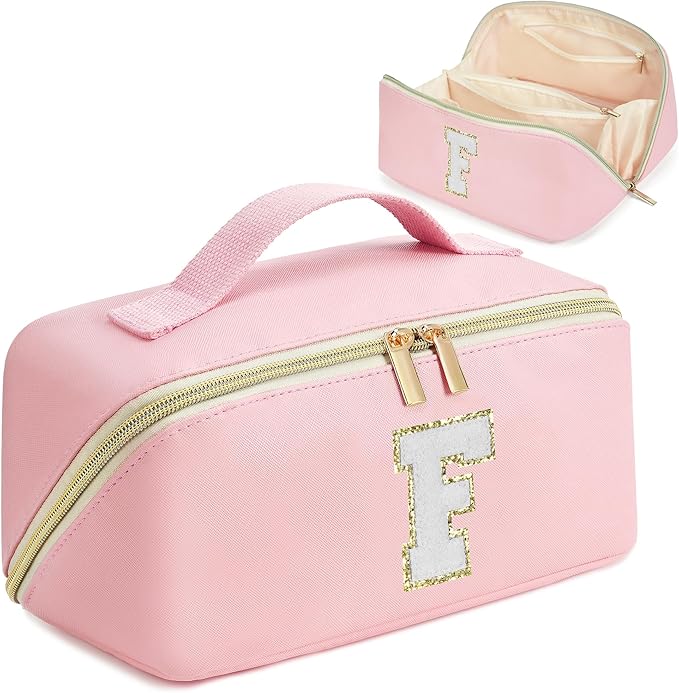 for Valentines Day Gifts, Makeup Bag for Women, PU Leather Travel Toiletry Bags, Initial Make Up Cosmetic Pouch for Teen Girls, Wide Open Portable Skincare Bag, Personalized Birthday Gifts, Pink F