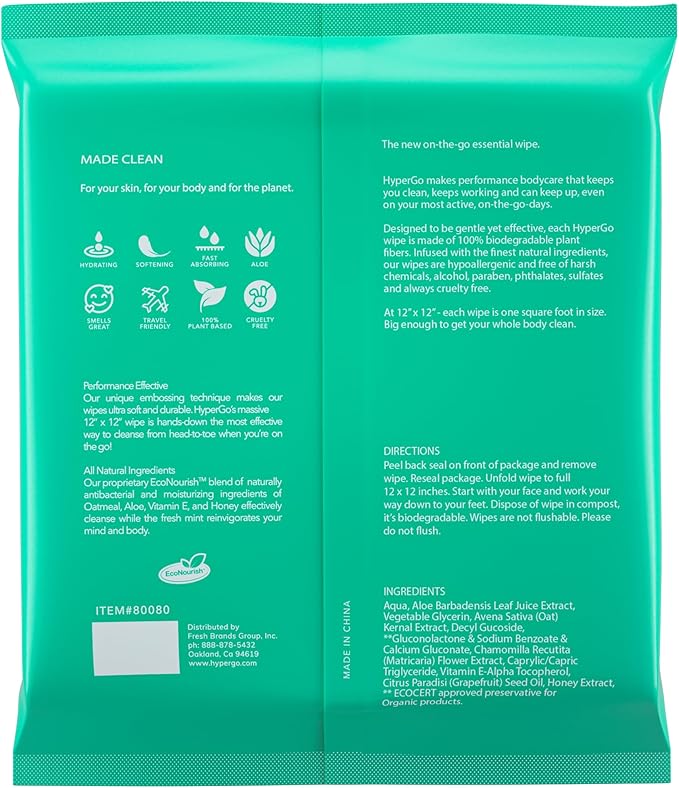 HyperGo XL Body Wipes for Women & Men – 12" x12" Rinse-Free Full Body Cleansing Wipes 2-20 Count Packs - Mint | Biodegradable, Hypoallergenic, Aloe-Infused | Gym, Festival, Camping Essentials