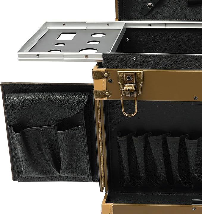 Rolling Lockable Makeup Train Case, Beauty Salon Luggage Hairdressing Trolley Stylist Beauty Salon Cosmetic Luggage Travel Organizer Tool Box for Professional Hairdressers(Golden)