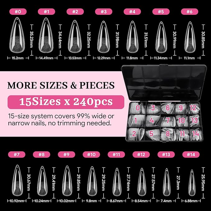 Qiek Long Stiletto Pre-Building Nail Tips, 15 Sizes 240 PCS Pre-shaped Apex Clear Soft Press On Fake Nail Half Matte Gel Nail Extensions Strong Thick Acrylic Tip for DIY Beginners & Salon Manicure