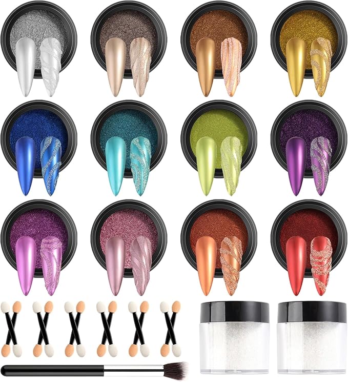 SUTOKAKA Chrome Nail Powder with Nail Glitter Set 12 Colors Gold Silver Copper Holographic Nail Powder Iridescent Metallic Mirror Crome Powder with Brushes for Chrome Gel Nail Decor
