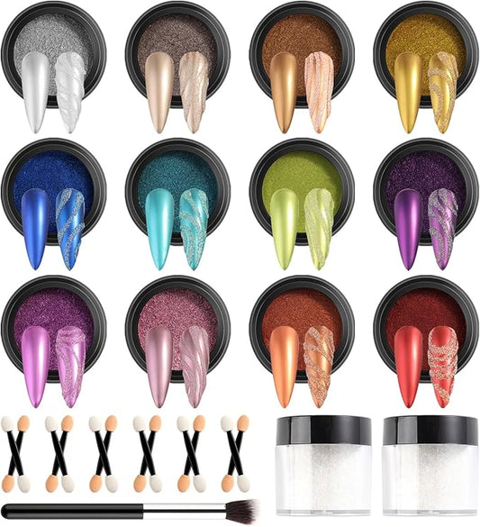 SUTOKAKA Chrome Nail Powder with Nail Glitter Set 12 Colors Gold Silver Copper Holographic Nail Powder Iridescent Metallic Mirror Crome Powder with Brushes for Chrome Gel Nail Decor