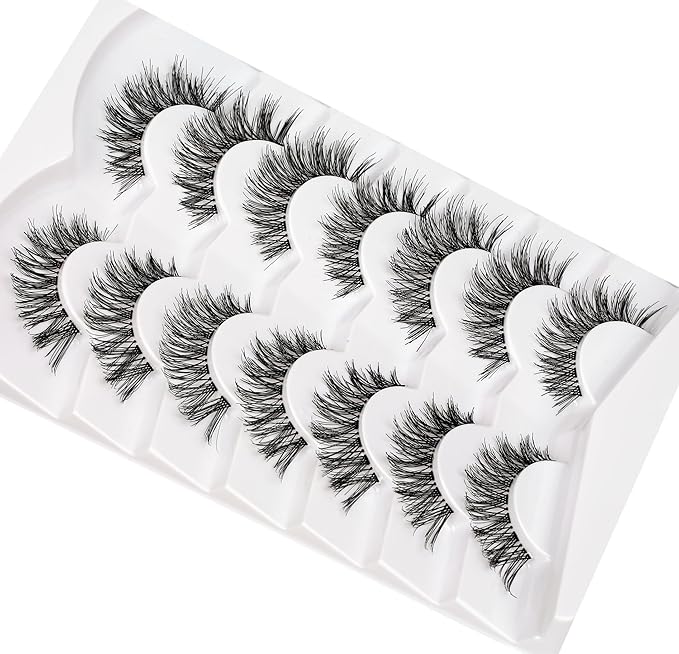Pooplunch False Eyelashes Hand-Knotted Natural Cat Eye Look Wispy Extensions Fake Eyelash Faux Mink Lashes Strips 7 Pairs Pack