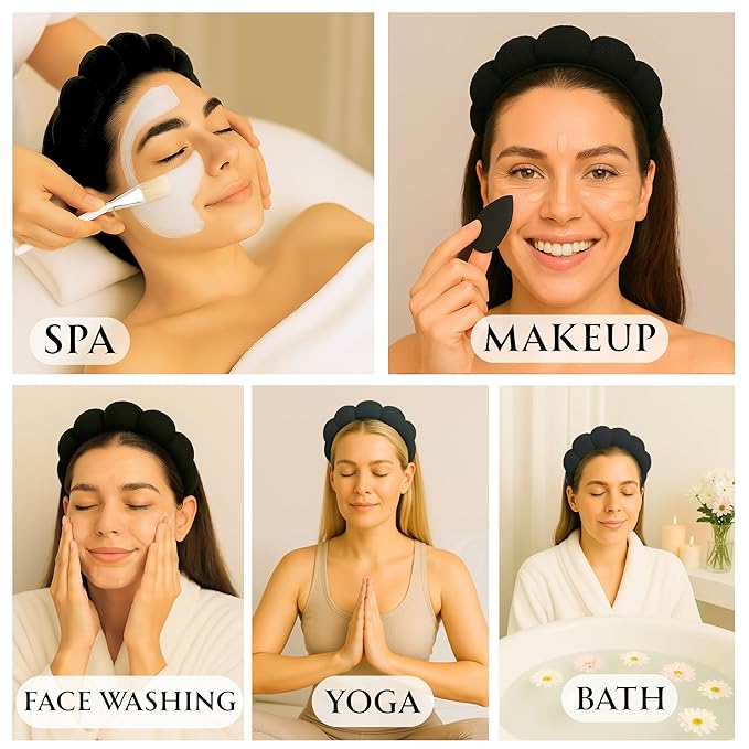 2 ORCHIDS Terry Cloth Skincare Headband for Washing Face - Makeup Headband for Women, Spa Hairband, Bubble Band, Face Wash Accessory, Getting Ready for Skincare Routine (Black)