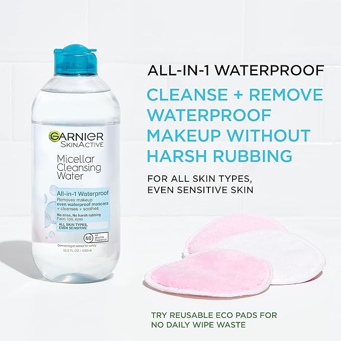 Garnier Micellar Water For Waterproof Makeup, Hydrating Facial Cleanser & Makeup Remover, Suitable for Sensitive Skin, Vegan, Cruelty Free, 13.5 Fl Oz (400mL), 1 Count