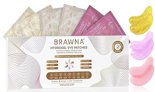 BRAWNA Under Eye Patches – Hydrogel Masks with Retinol, Collagen, Caffeine & Arbutin – For Puffy Eyes, Wrinkles, Dark Circles & Eye Bags – Gift Set – 12 Pairs