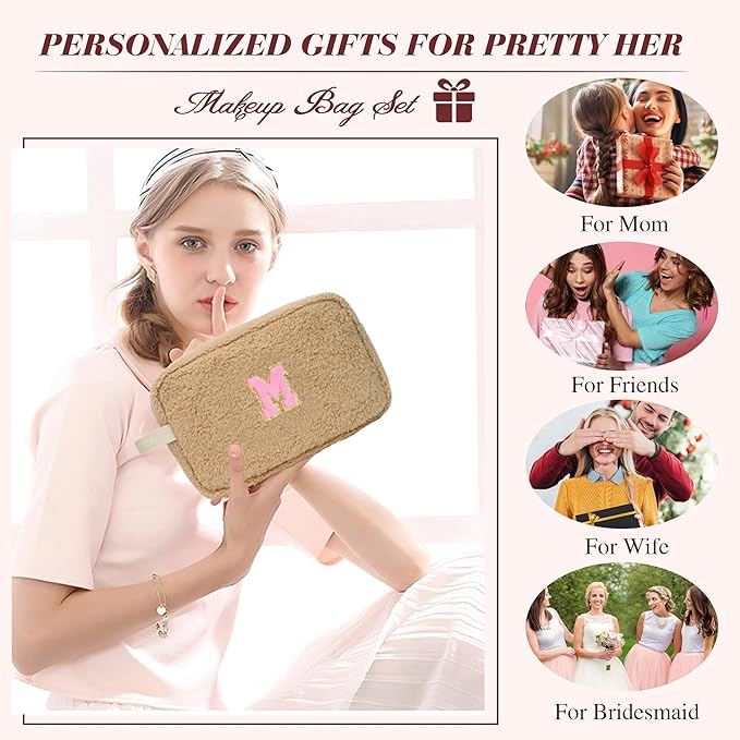 for Valentines Day Gifts, Personalized Initial Cosmetic Bag Pouch for Teen Girls, Preppy Makeup Travel Bags for Daughter Sister Girlfriend, Monogramed Make Up Pouch for Birthday Gifts - Brown W