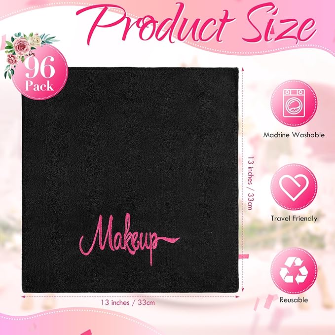Preboun 96 Pack Makeup Remover Cloths, 13 x 13 Inch Makeup Towels Bulk Soft Microfiber Face Towels Reusable Makeup Washcloths with Makeup Embroidery for Women Skin (Black)