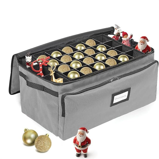 Premium Christmas Ornament Storage Box – Holds up to 72-3” Ornaments + 6 Side Slots for Figurines & Nutcrackers – Holiday Decoration Organizer – Durable 600D Grey Canvas