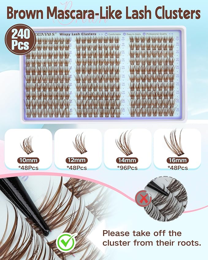 Goddvenus Wispy Lash Clusters Mascara-like Brown Eyelash Clusters Natural Cluster Eyelash Extensions 10-16mm False Eyelashes Individual Lashes C Curl Lash Extension 240pcs