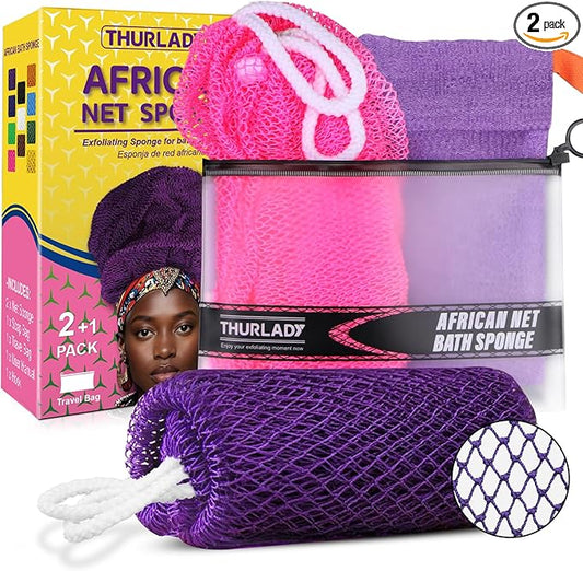THURLADY African Net Sponge, 2 Pack African Bath Sponge Scrub Net, Gentle Exfoliation for Daily Shower Use, Pink and Purple