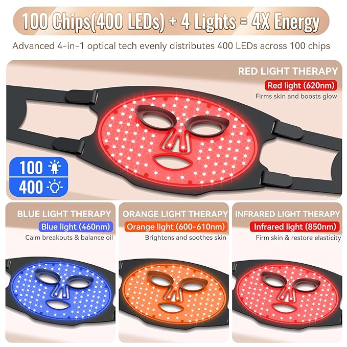 WAYCOM Red Light Therapy Mask: 400 Beads Portable Light Therapy for Face - 4-Modes Portable 850NM Infrared & Red Light Mask at Home Travel - Gift for Loved Ones/Valentine's Day/Birthday/New Year