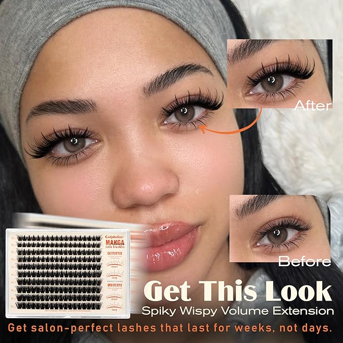 Calphdiar Manga Lash Clusters Natural Spiky Eyelash Clusters Wispy Cluster Eyelash Extensions 10 12 14 16mm Weightless Individual Lashes Long Lasting Cluster Lashes DIY Cat Eye Open Eye Looks