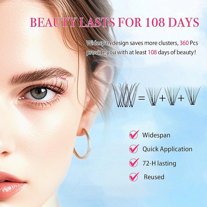 Lash Clusters Kit Manga Lash Clusters D Curl Lashes Clusters Anime Lashes Ultra-Thin Invisible Band 0.05mm Eyelash Extension Kit DIY at Home