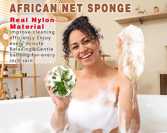 2 Pack African Net Sponge Exfoliating Scrubber Bath Sponge for Daily Use (Champange+Olive Green)