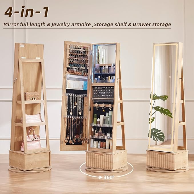 Fluted 360° Swivel Jewelry Armoire Cabinet Standing with Full Length Mirror, Lockable Jewelry Organizers and Drawer Storage with 3 Color LED Lights & Interior Mirror Rear Storage Shelves