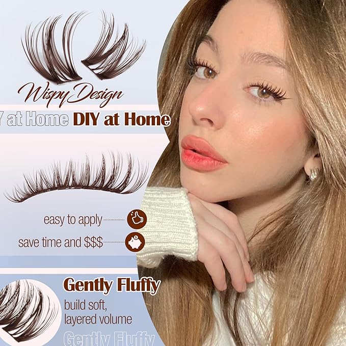 Flaunt Lash Clusters Brown Eyelash Clusters Fluffy Cluster Lashes Ultra-Dense Lash Clusters Eyelashes Extension Waterproof Individual Lashes Dark Brown Wispy CC-Curly Lash Extensions (144Pcs, 8-16MM)