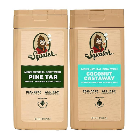 Dr. Squatch Natural Men's Body Wash Shower Gel - Cleansing, Nourishing, Long Lasting Scent, Moisturizing Body Wash for Men - Pine Tar + Coconut Castaway (14 oz, 2-Pack)