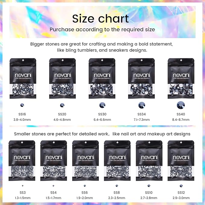 Novani Rhinestones Flatback Rhinestones Glass Nail Gems Stones Jewels Round Gemstones Non-Hotfix Crystal,SS10,1440 Pieces,Shiny Black