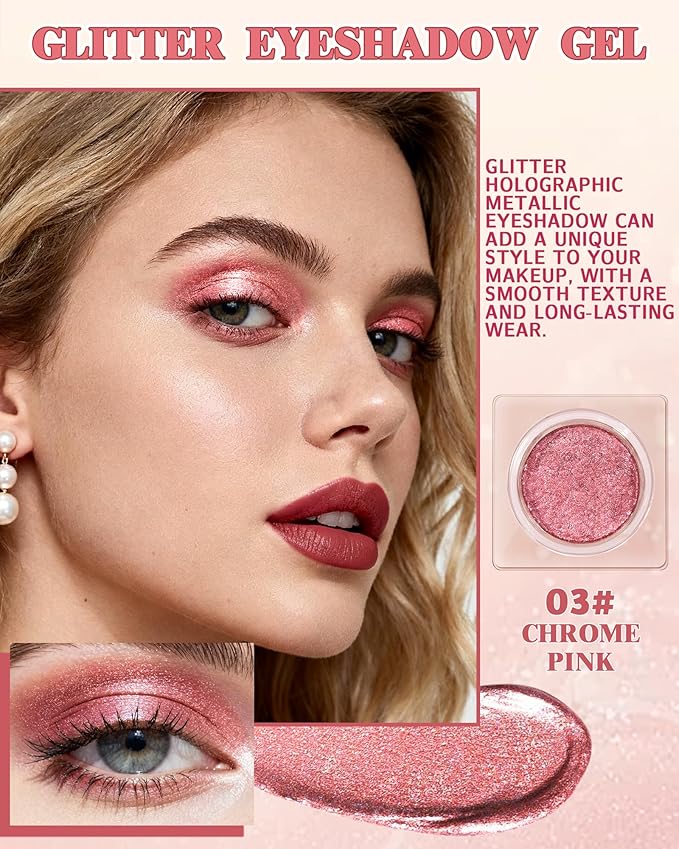 Sparkle Single Eyeshadow Cream, Chrome Pink Glitter Highly Pigmented Eye Shadow, Long-Lasting Blendable Shimmer Eyeshadow,Lightweight Eye Shadow Makeup Palette Christmas Party Gift for Women Girl-03