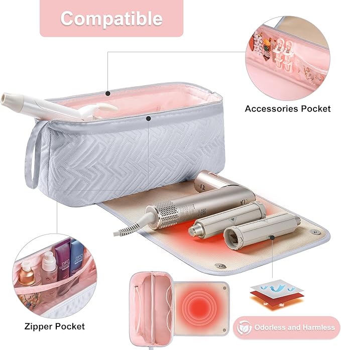 Leudes Hair Tools Travel Bag for Women Heat Resistant Mat for Travel Essentials Hot Tools Straighteners,Flat Irons,Curling Iron,Hot Air Brushes and Hair Dryer Organizer Bags 2 in 1 (Light Grey)