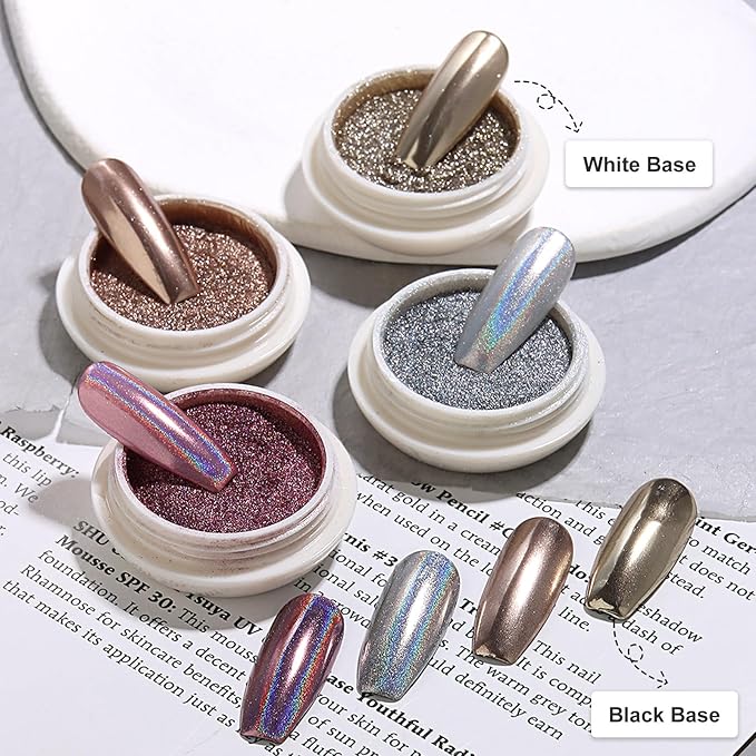 SUTOKAKA 4 Color Chrome Nail Powder Set Holographic Metallic Mirror Effect Nail Chrome Glitter Silver Copper Rose Gold Champane Glazed Donut Nail Dust Manicure Pigment for DIY Nail Art Design