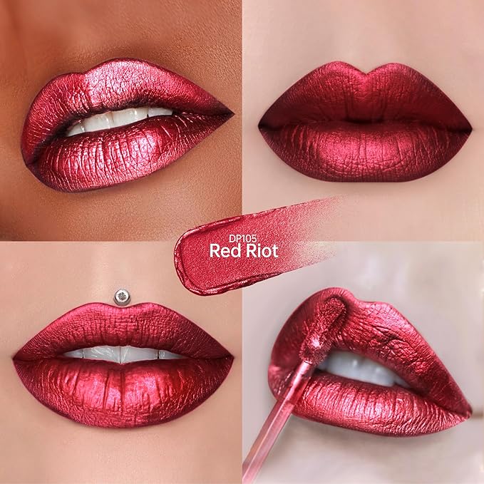 Depuplum Red Lipsticks for Women Metallic Lipstick Long Lasting Non Stick Cup Lip Gloss, Metal Shine Lightweight Hydrating Full Coverage Lip Color, DP105 Red Riot