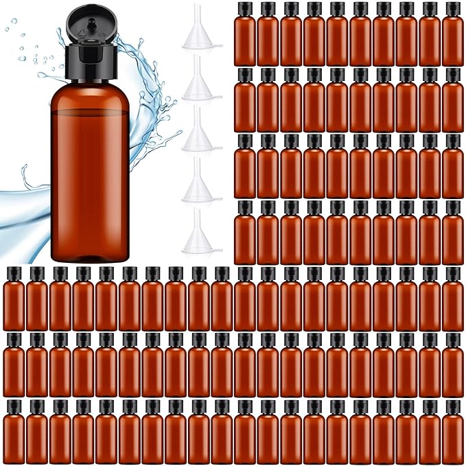 Eccliy 100 Pack 2 oz Plastic Bottles Travel Lotion Bottle Squeeze Container Plastic Bottles with Caps Small Travel Empty Refillable Toiletry Containers for Liquid Lotion Creams with 5 Funnels(Brown)